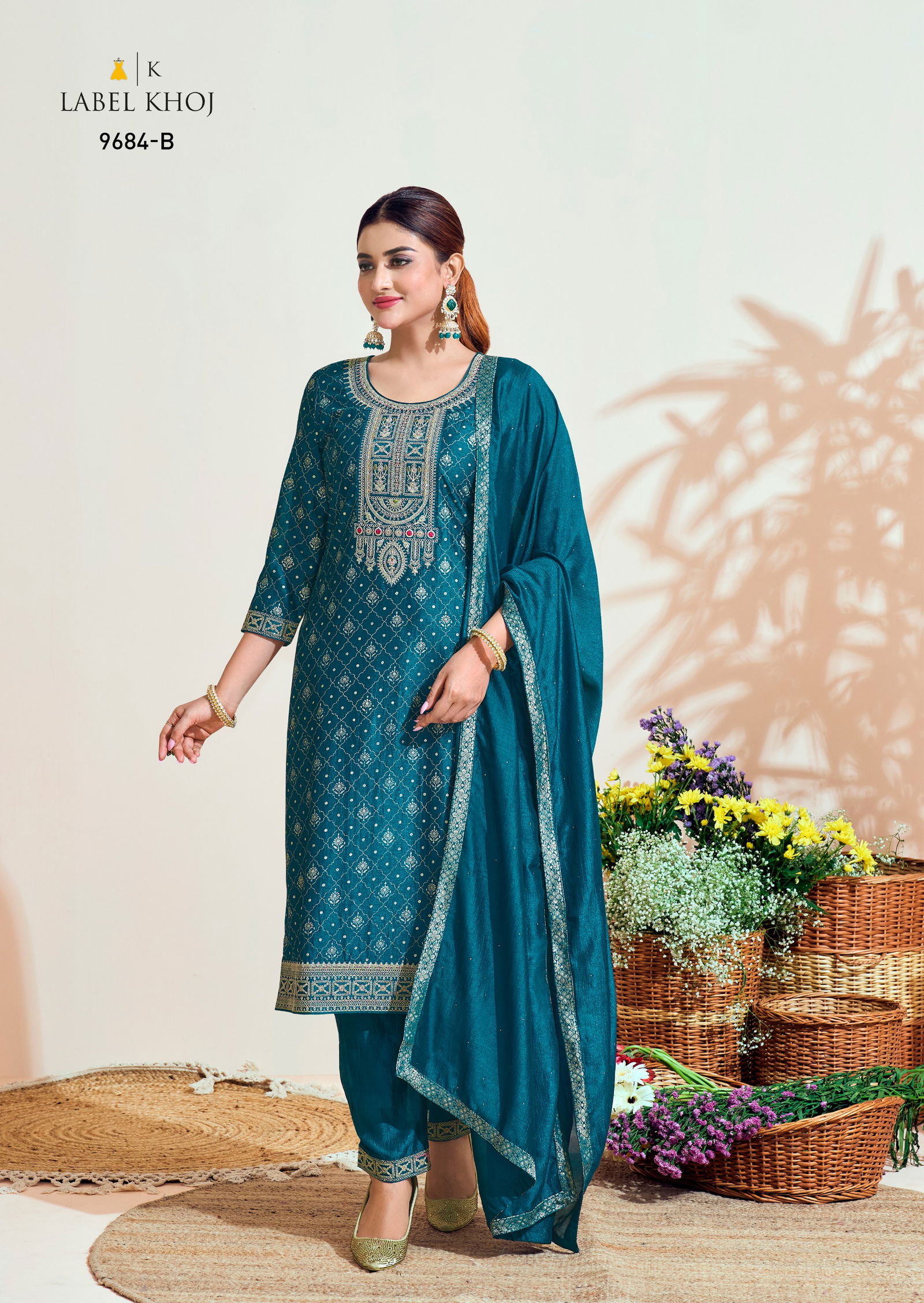 Label Khoj 9682 A To 9684 B Embroidery Vichitra Silk Designer Readymade Suits Wholesale Shop In Surat